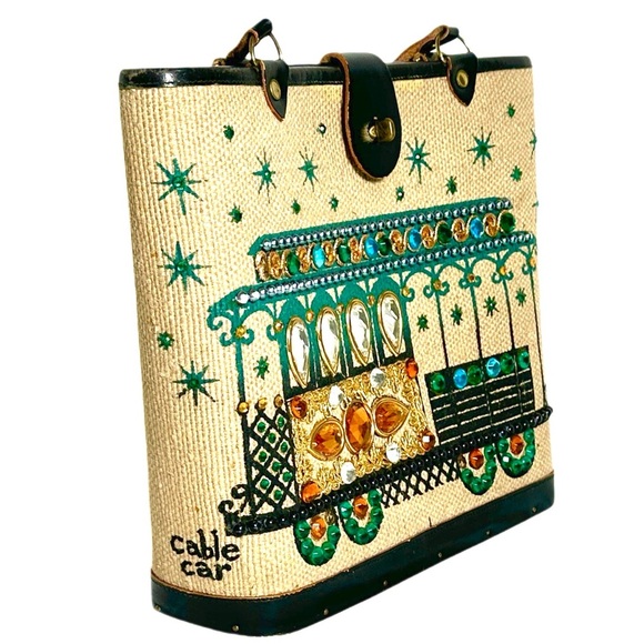 1954 ENDI COLLINS OF TEXAS Elegant Embellished Black leather jewels cable car - Picture 2 of 15